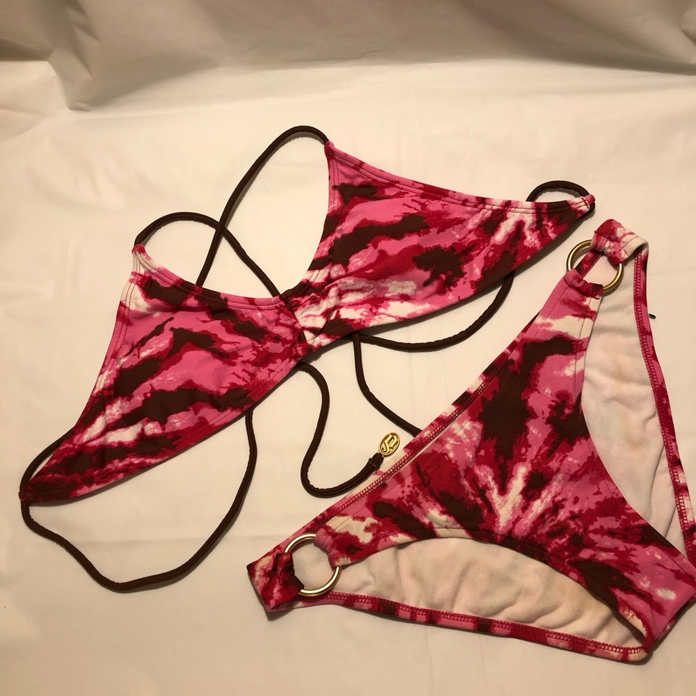 2 pc swimsuit set pink/white/brown tie dye
